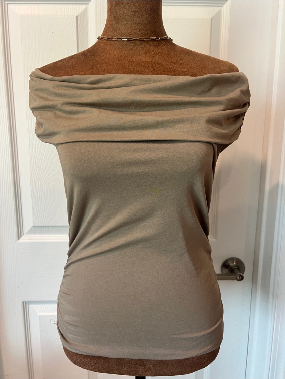 Off-the-Shoulder Ruched Knit Top — Taupe